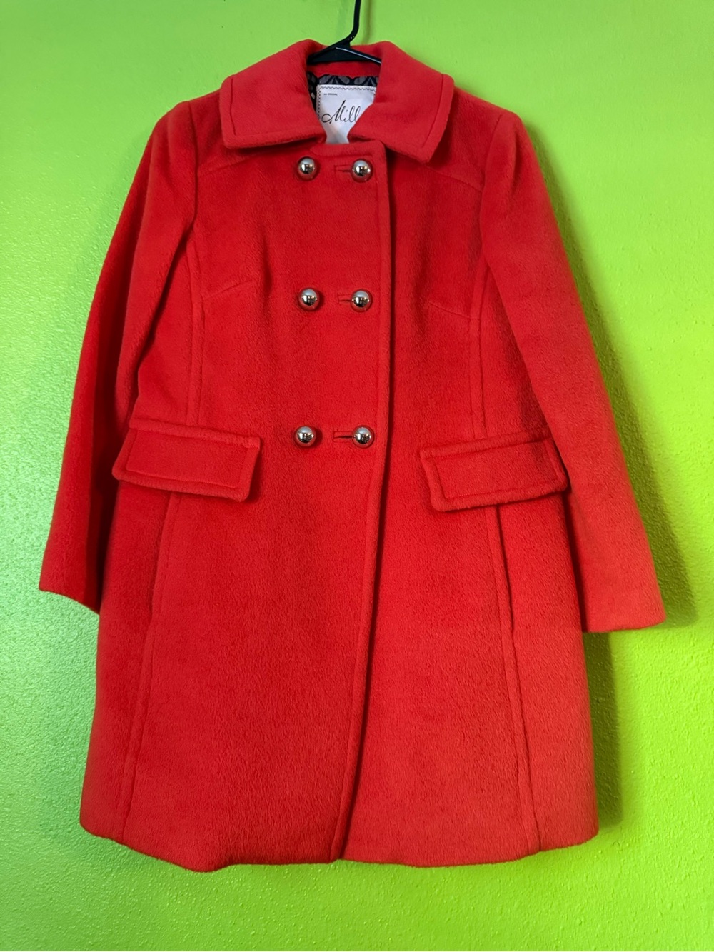Milly Orange-Red Double-Breasted Wool Pea Coat